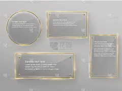 向量玻璃现代旗帜设置与闪亮的金色金属框架在透明的背景