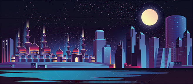 幻彩扁平化炫彩城市夜景高楼大厦科幻建筑剪...