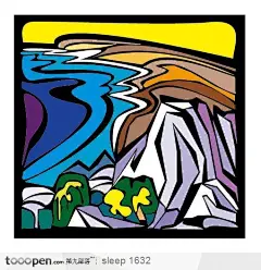 山川流水树木风景插画