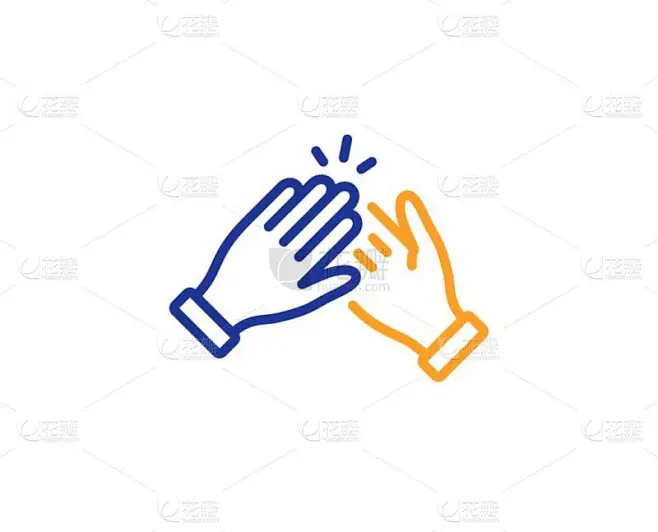 拍打标志。拍手线图标。胜利手势符号。五颜六色的轮廓概念。蓝色和橙色细线拍手图标。向量-花瓣网