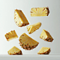 imagine a fresh, uncooked pineapple belly slices, cut into convenient rectangular shapes, are flying through the air. The background is a plain, solid white color. ultra - 50, Super - Resolution, Photorealistic, hyper detailed,