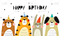 生日快乐Happy birthday.卡通动物，手绘字母，装饰元素。五彩缤纷的假日矢量图解,扁平风格