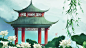 【源文件可下载】中国古风汉服风荷花庭院亭子池塘苏州园林后花园PSD设计素材海报