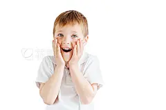 Little boy stand on white background and show his emotions