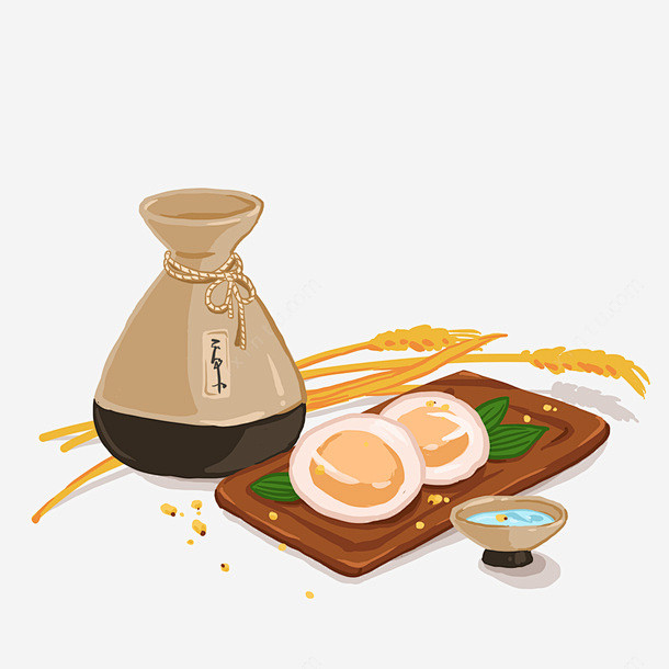 手绘卡通食物和酒高清素材 一壶酒 一碗酒...