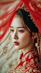 9x16_画面主体为一位身着红色婚纱的女子半身特写_妆容精美_面容姣好_眼_4
