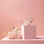 This is a simple display background, a clean pink backdrop decorated with pink roses, the overall color is pink, warm, joyful, simple, photography, 8K , studio lighting ,-- v 5