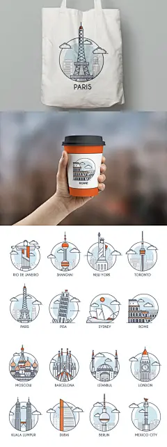 图标 | 世界地平线和地标矢量插画迪拜纽约 