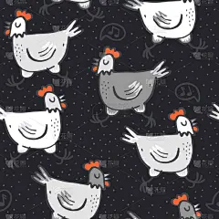 白色灰色唱歌母鸡在黑暗的虚线背景上运行动物野生动物无缝模式