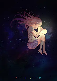 梦幻 星空 唯美 复古 清新 二次元 美女 爱心 星光 长发飘动 发光 光影 封面 插画 手绘 水彩 星星 星云 心痛 眼泪 悲伤 爱恋 蜷缩