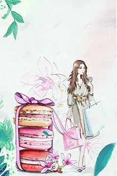 妇女节浅灰色手绘女装时尚模特绿植背景 背景 设计图片 免费下载 页面网页 平面电商 创意素材