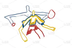 多彩的抽象人物、表现主义和基思·哈林的艺术风格。两个抽象的人在玩球。绘画用原色绘制，用于印刷和墙壁艺