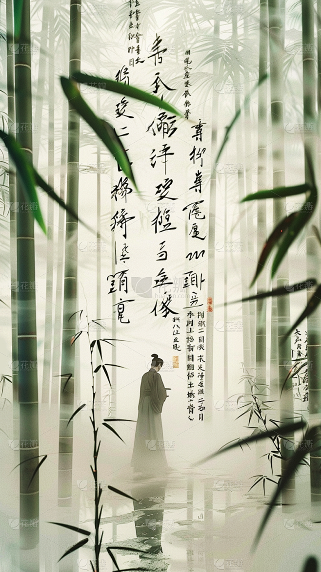 通用中式风水墨竹林书法背景素材