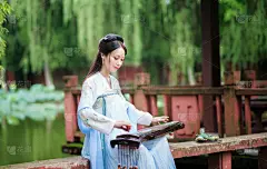 古琴,女人,进行中,湖,音乐,肖像,生活方式,图像,荷花,传统服装