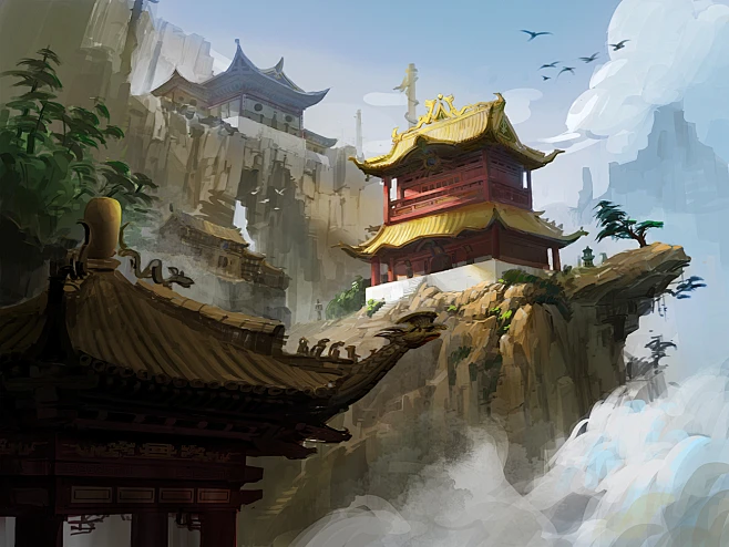 中国风场景气氛图古风山水建筑武侠仙侠CG原画游戏美术素材-花瓣网