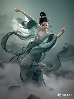 水墨仙境，窈窕舞女，飘逸的面料，细腻的水墨，妙曼的舞蹈，烟雾环绕，动态摄影，超精细CG，8k壁纸，高分辨率，(46)