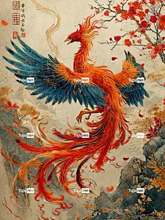金橙红蓝凤凰，镀金，流动的火焰 中国刺绣工艺海报
