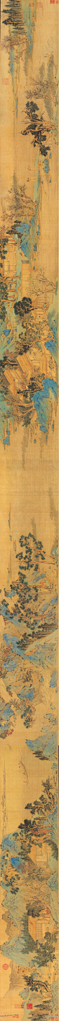 #明四家#【 明 文徵明 《仿赵伯骕后赤壁图》 】卷，绢本设色，514.6×31.5cm，台北故宫藏。该卷画于1548年，因苏州有人收藏赵伯骕（后赤壁图），官吏索取献给严嵩之子世蕃，而主人不愿给，文征明劝主人不要因此惹祸，就为他画了这一卷。画题说是仿自赵伯驹，然而画中色调的处理等，全是作者自己的本色。