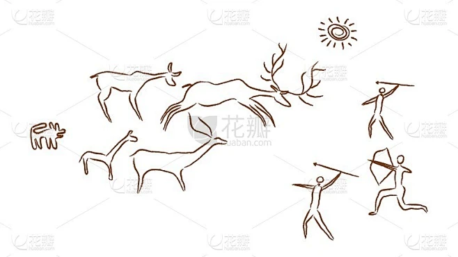 史前人类狩猎鹿的洞穴壁画。原始猎人在阳光下带着弓箭和帮助狗。素材-花瓣网