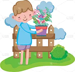 男孩,室内植物,提举,篱笆,地形,可爱的,农业,草,小的,春天