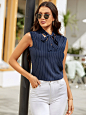 Vertical Striped Tie Neck Blouse