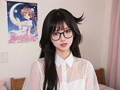 jimeng-2025-08-09-2299-嫦娥姐姐魔卡少女樱真人 一张一个女生面对镜头拍的照片，女生在房间里墙上有动漫海报