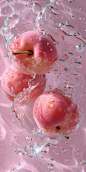 This may contain: three pink apples floating in water with bubbles