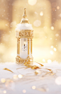 a mini clock tower in the snow with gold ribbons, in the style of bokeh panorama, minimalist still lifes, school of london, light yellow and light white, delicate gold detailing, organic material, commercial imagery