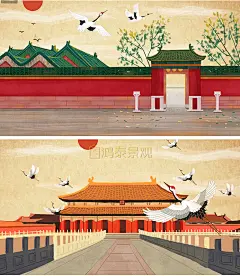 建筑景观古风插画仙鹤祥纹PSD效果图素材文本板式封面排版ps素材-淘宝网
