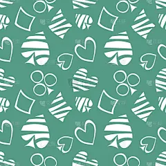 无缝矢量模式与图标的扑克牌。绿色背景与手绘符号。装饰重复点缀。系列游戏和赌博无缝矢量模式。