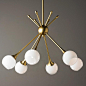 MidCentury Modern Mobile Chandelier 6 lt Golden Brass or Brushed Nickel rods and opal glass globes: 