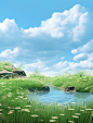 3d grass landscape background picture, in the style of li wei, light brown and light azure, nature-based patterns, sky-blue and green, landscape-focused, naturalistic motifs