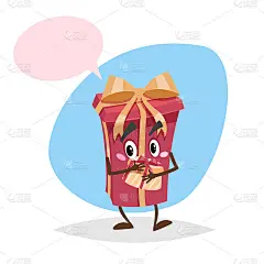 卡通红色礼盒字符与金色丝带和蝴蝶结。手里拿着另一个礼品盒。人性化的党符号与虚拟语音气泡隔离在蓝色背景