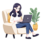 a girl sits in an armchair with a laptop and a plant in the background