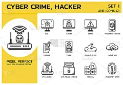 填充线条图标样式。针对网页设计、用户界面、用户体验、移动网页、广告、杂志、书籍、海报的网络犯罪攻击。