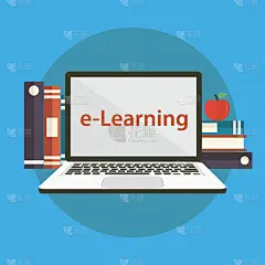 现代设计理念的学习网站或横幅的电子学习，培训，商务课程，在线教育，研讨会，网络研讨会与书籍，苹果和笔