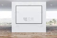 水平模拟海报框架挂在空房间与白色的墙壁, 木地板和全景窗口与热带的看法。3d 渲染