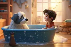 卡通Q版儿童浴缸游泳洗澡人物插画