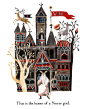 art, spot illustration, fairy tale, naive, figure, man, animal, deer, building, castle, tree, pattern, floral, goat //  carson ellis.: 