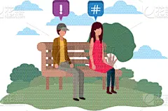 公园,椅子,伴侣,对话气泡框,成年的,青年人,人,男人,女人,坐