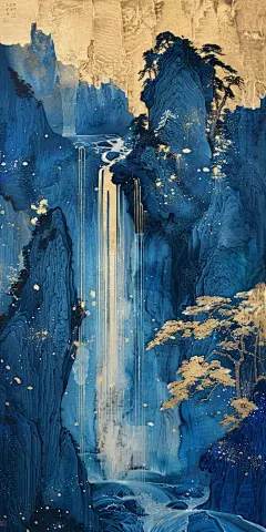 鎏金飞瀑（二）｜新中式国潮山水画壁纸_2_江南月_来自小红书网页版