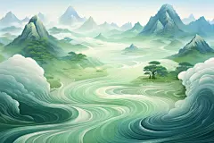 中式青山山川河流绿水创意插画