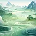 中式青山山川河流绿水创意插画