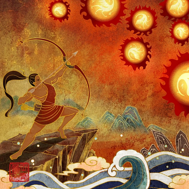 后羿射日，岩彩风插画分享