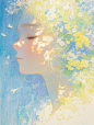 Profile figure, light green hair, small yellow flowers and green leaves in the hair, blending into nature, blue sky in the background, white flying birds, fresh and natural, varied movements, colored pencils, brushstroke texture, obvious brush marks, thic