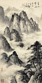 HUANG HUANWU (1906-1985) Clouds in the Yellow Mountains Scroll, unmounted, ink on paper 27 1/8 x 14 in. (68.9 x 35.7 cm.) 黃幻吾 黃山雲海 水墨紙本 鏡片 題識：黃山雲海。嶺南黃罕幻吾紀游之作。 鈐印：幻吾六十後所作、罕翁意寫舊游、曾游黃山絕頂歸 27 1/8 x 14 in. (68.9 x 35.7 cm.)