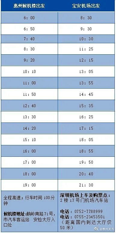 深圳候机楼班车时刻表