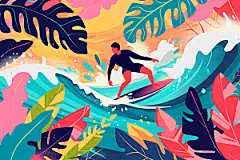扁平风冲浪清新夏季插画