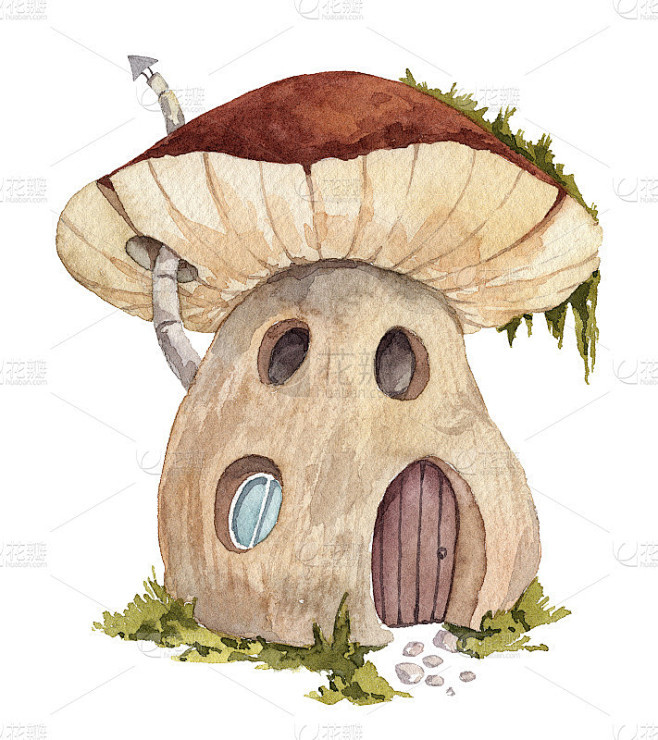 卡通蘑菇屋有烟囱和屋顶上的苔藓。水彩手绘...