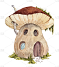 卡通蘑菇屋有烟囱和屋顶上的苔藓。水彩手绘童话插图贺卡，印刷